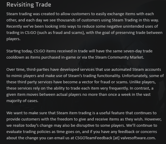 Counter-Strike: Global Offensive Items Received in Trade Have a Seven-Day  Trade Cooldown: Valve